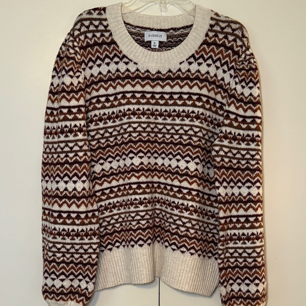 Evereve fair isle knit sweater, size XL, cream, burgundy, and brown